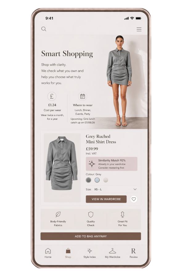 Smart Shopping feature — AI-guided intentional shopping tool that identifies wardrobe gaps and prevents impulse purchases in the With Jacq personal styling app