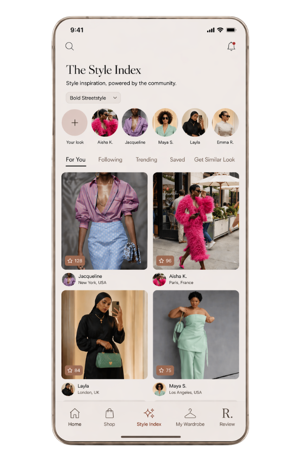 The Style Index — style community feature in the With Jacq app where women share looks, discover trends and build confidence without comparison