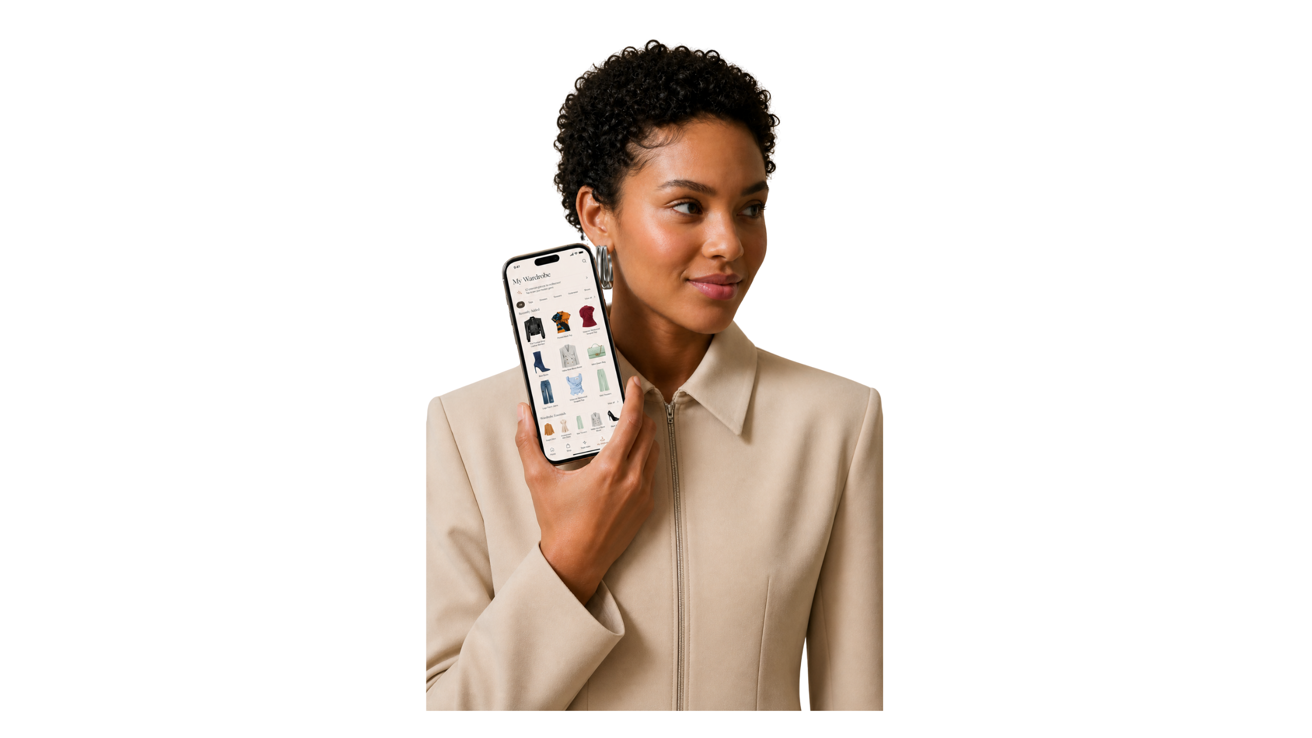 Woman in beige jacket using With Jacq AI personal styling app — wardrobe organiser showing My Wardrobe screen with curated outfit suggestions, London 2026