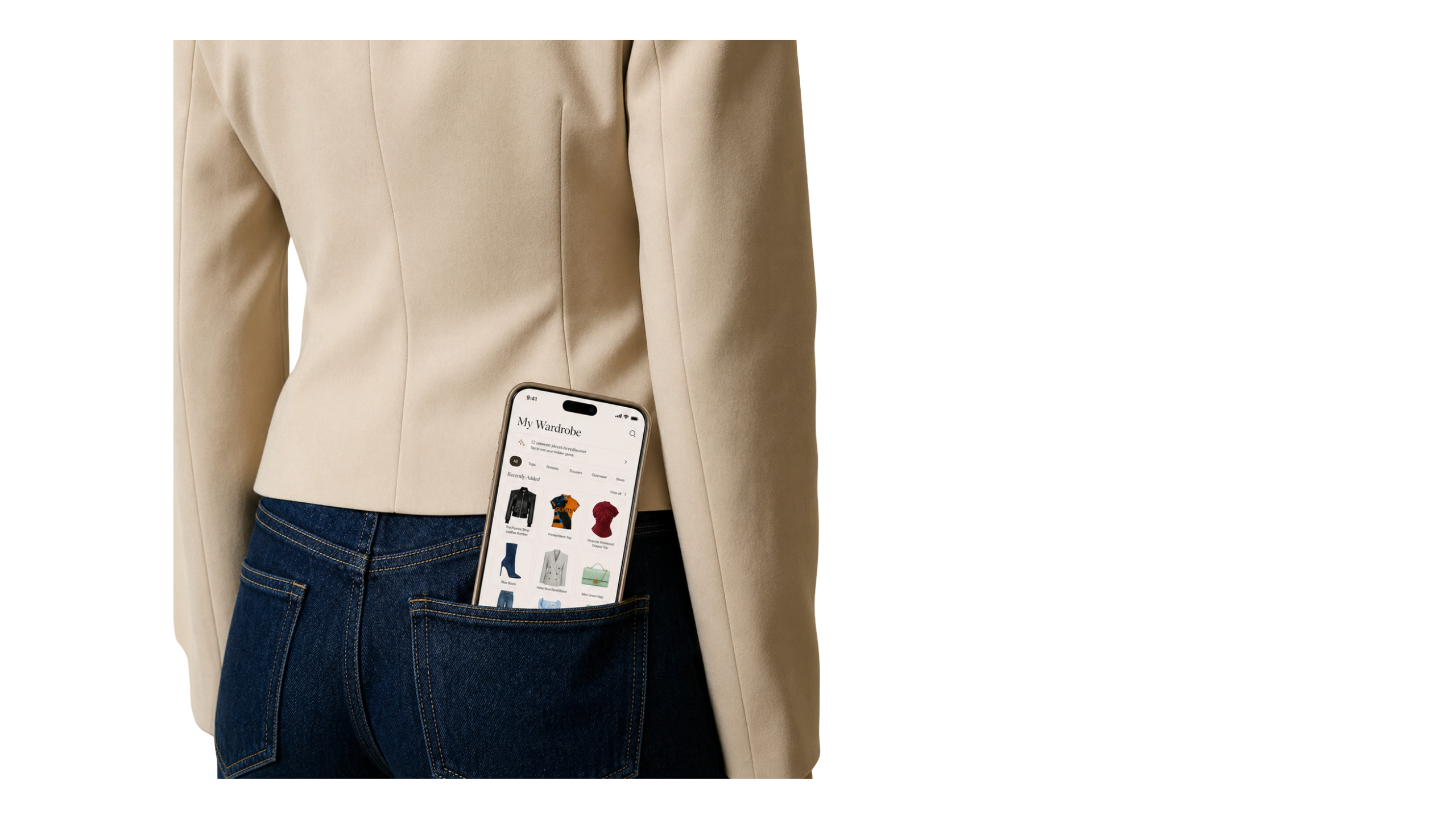 Woman holding With Jacq AI personal styling app — designed for ambitious women who want to dress with clarity, confidence and intention. With Jacq launching 2026.