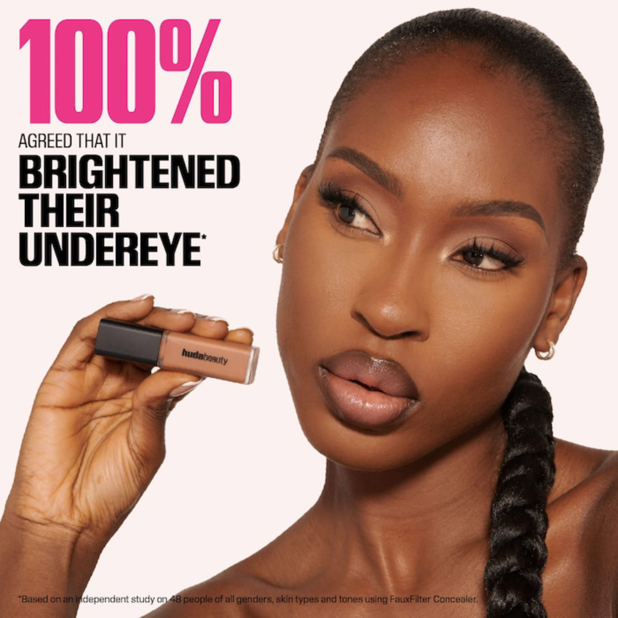 Jacqui Akrofi modelling for Huda Beauty — fashion and beauty campaign work. Founder of With Jacq AI personal styling app, London 2026
