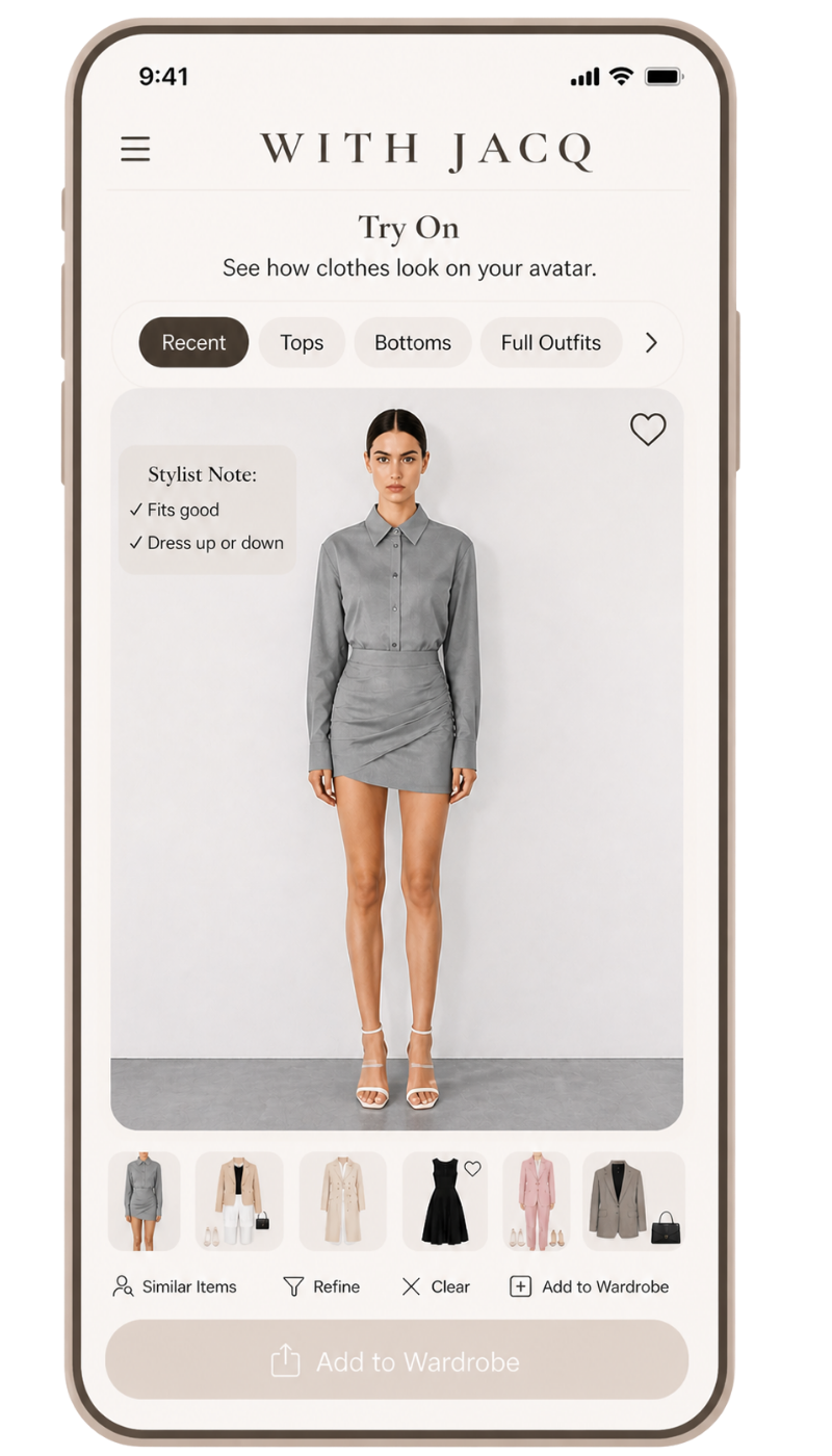 With Jacq — AI personal styling app for ambitious women. Style Smarter. Rewear Better. Build Confidence.