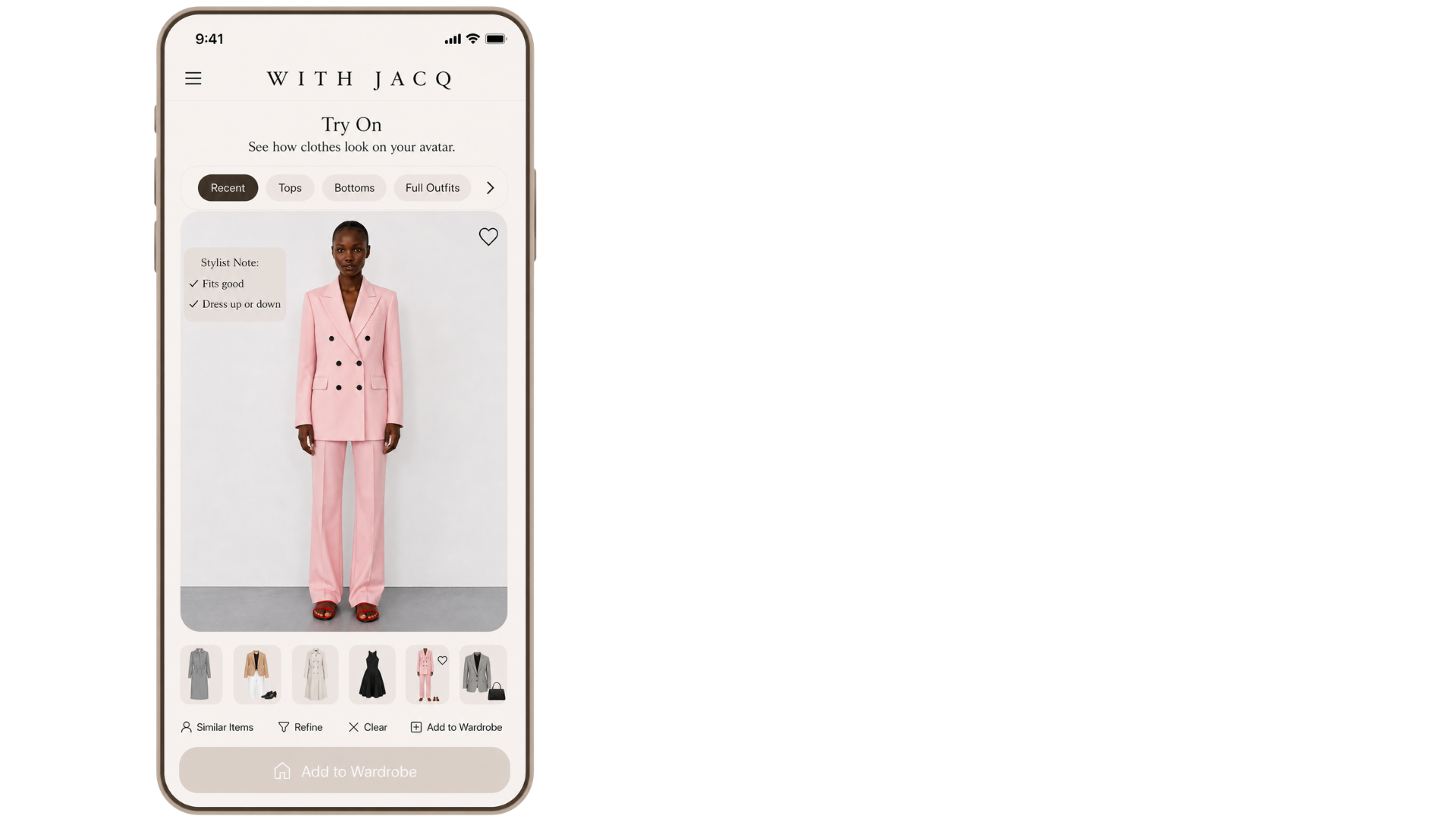 With Jacq AI personal styling app on iPhone — wardrobe organiser, AI outfit suggestions and personal styling features. iOS and Android app launching 2026.