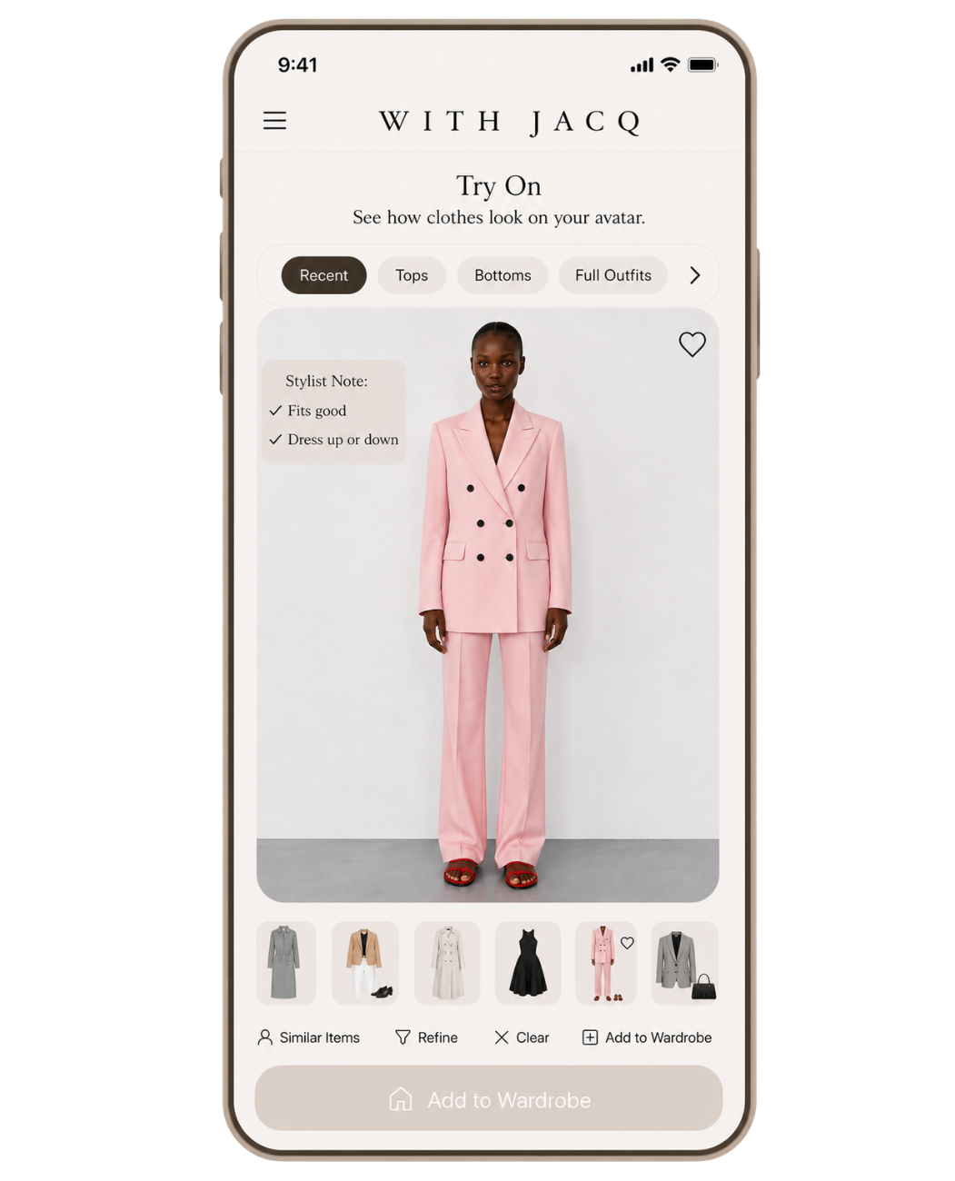 With Jacq AI personal styling app — model in pink suit using AI-powered virtual try-on feature on iPhone