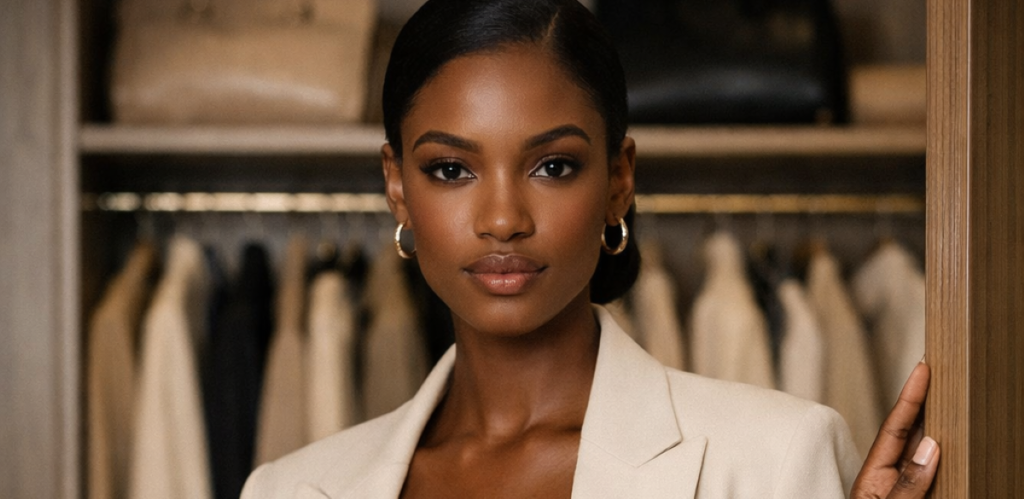 Woman in cream blazer standing confidently in front of an organised wardrobe showing her face